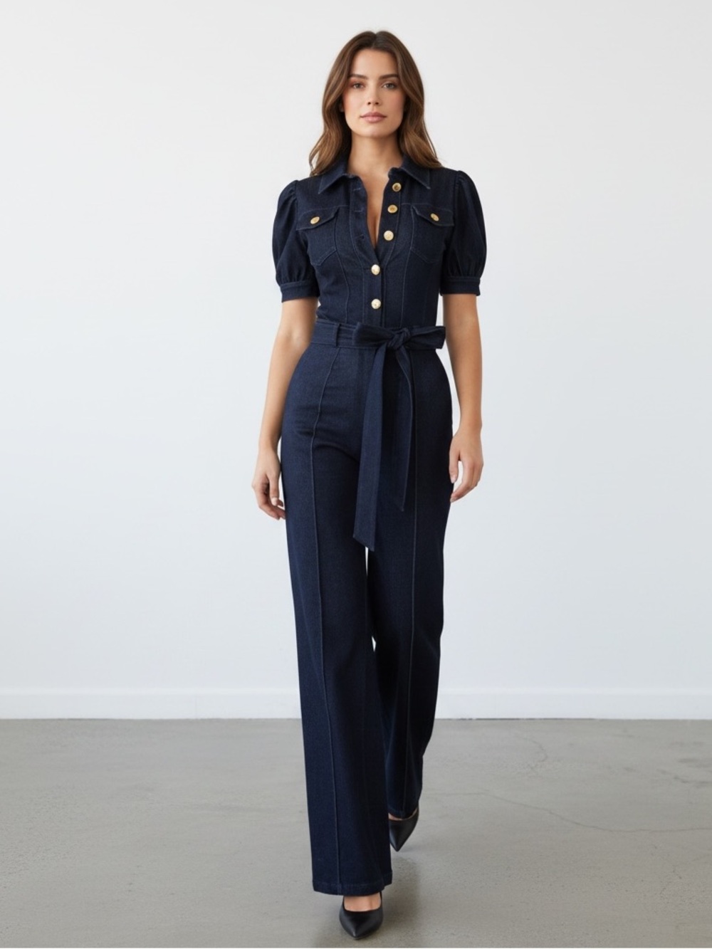 1328 • Dark Denim Stretch Puff Sleeve Gold Button Belted Wide Leg Jumpsuit